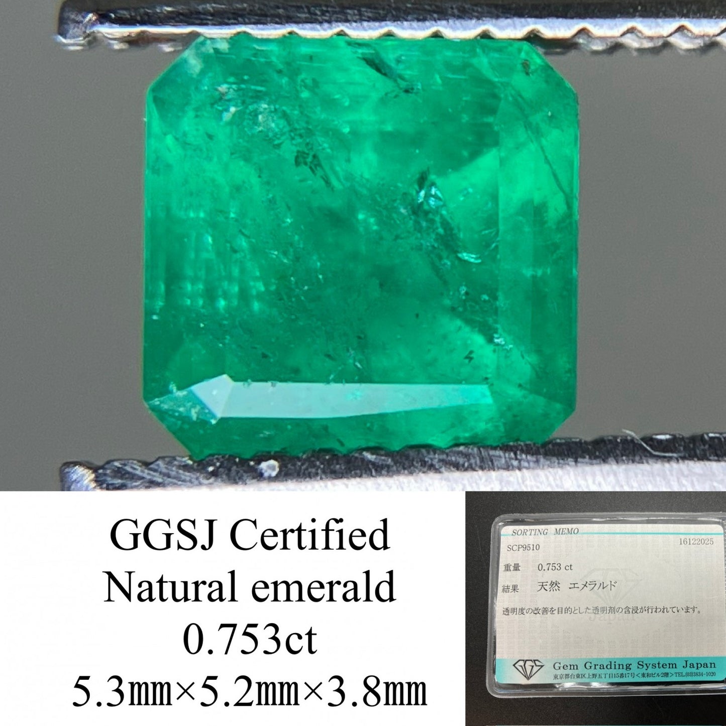エメラルド 天然 0.753ct 宝石ソーティング付き 5.3㎜×5.2㎜×3.8㎜ ルース（ 裸石 ） 7767YY