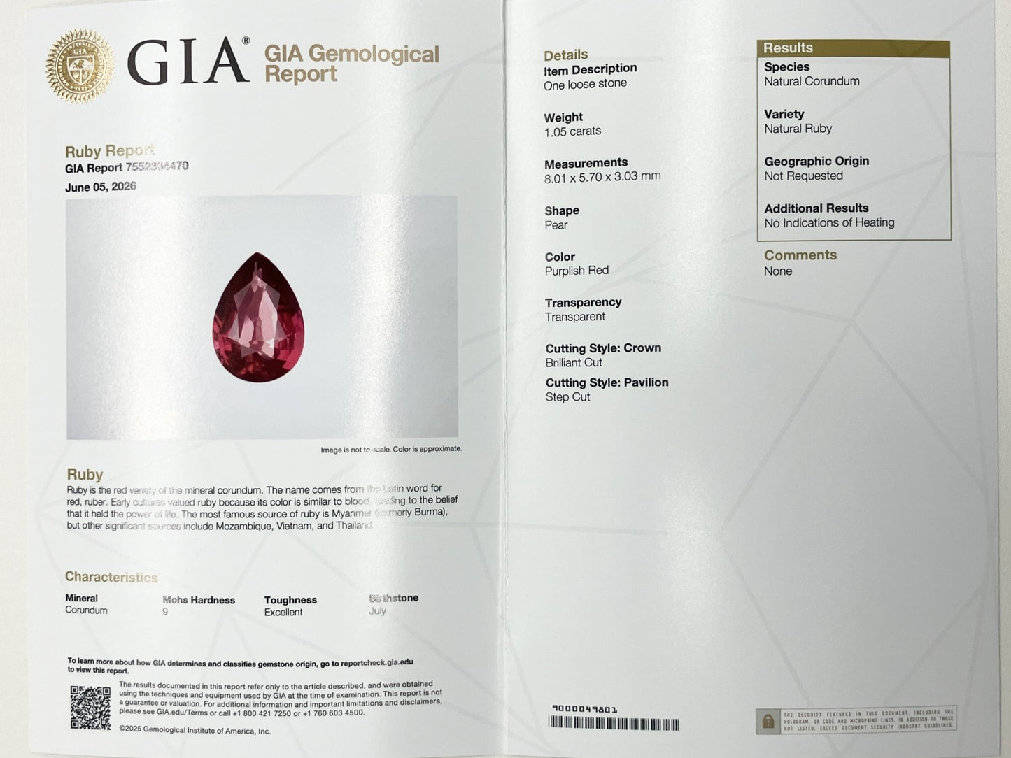 ルビー 1.05ct 非加熱 No heat GIA鑑別書 D0.70ct PT900 5.5g 指輪 （JP9号） サイズ直し無料 9288K