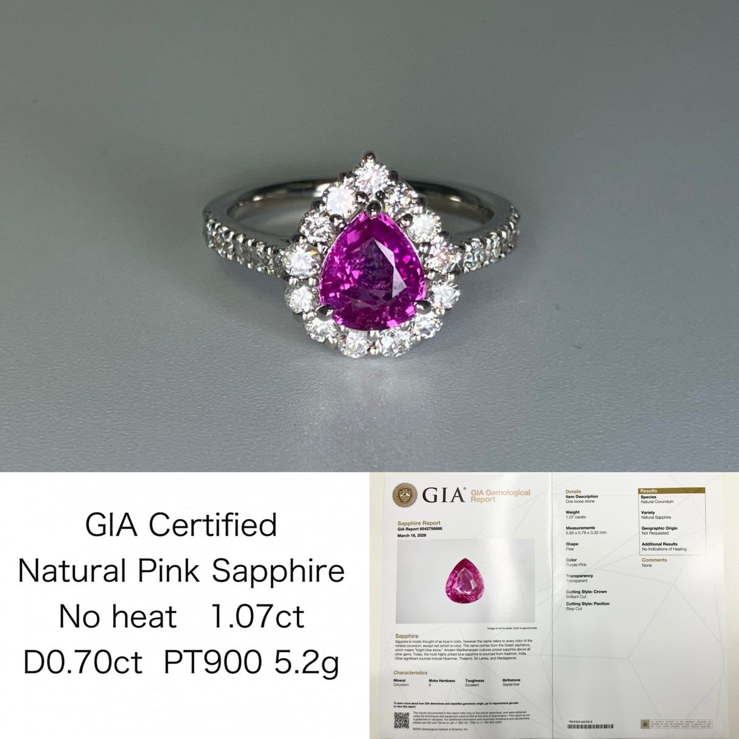 サファイア 1.07ct 非加熱 No heat GIA鑑別書 D0.70ct PT900 5.2g 指輪 （JP9号） サイズ直し無料 8450S