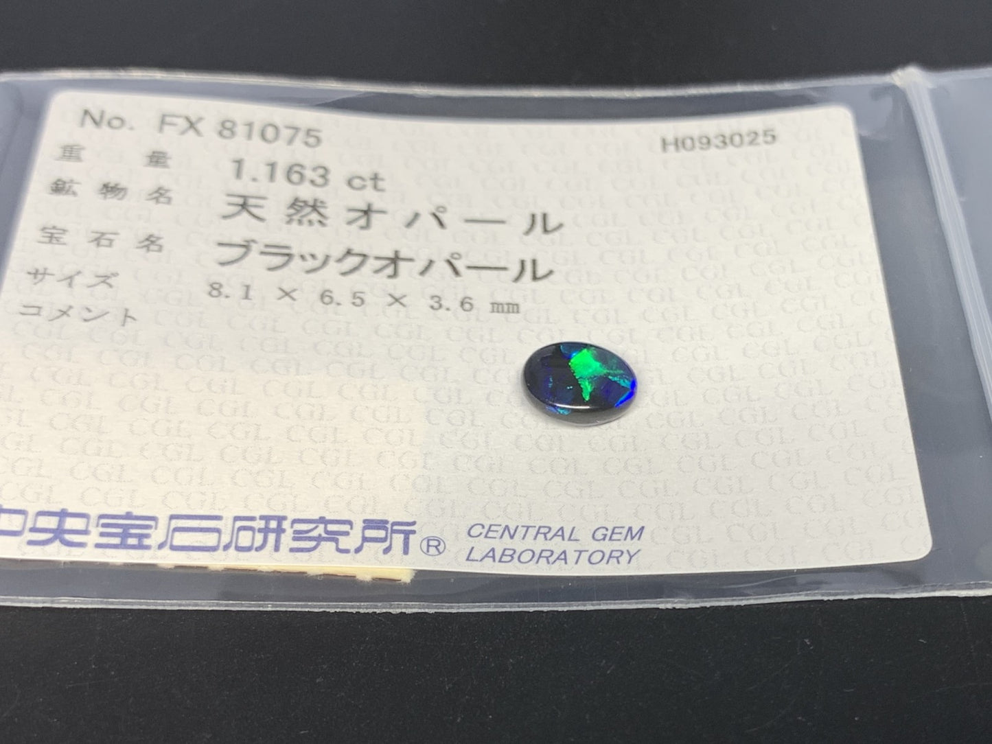 ブラックオパール 天然 1.163ct 中央宝石ソーティング付き 8.1㎜×6.5㎜×3.6㎜ ルース（ 裸石 ） 6915Y