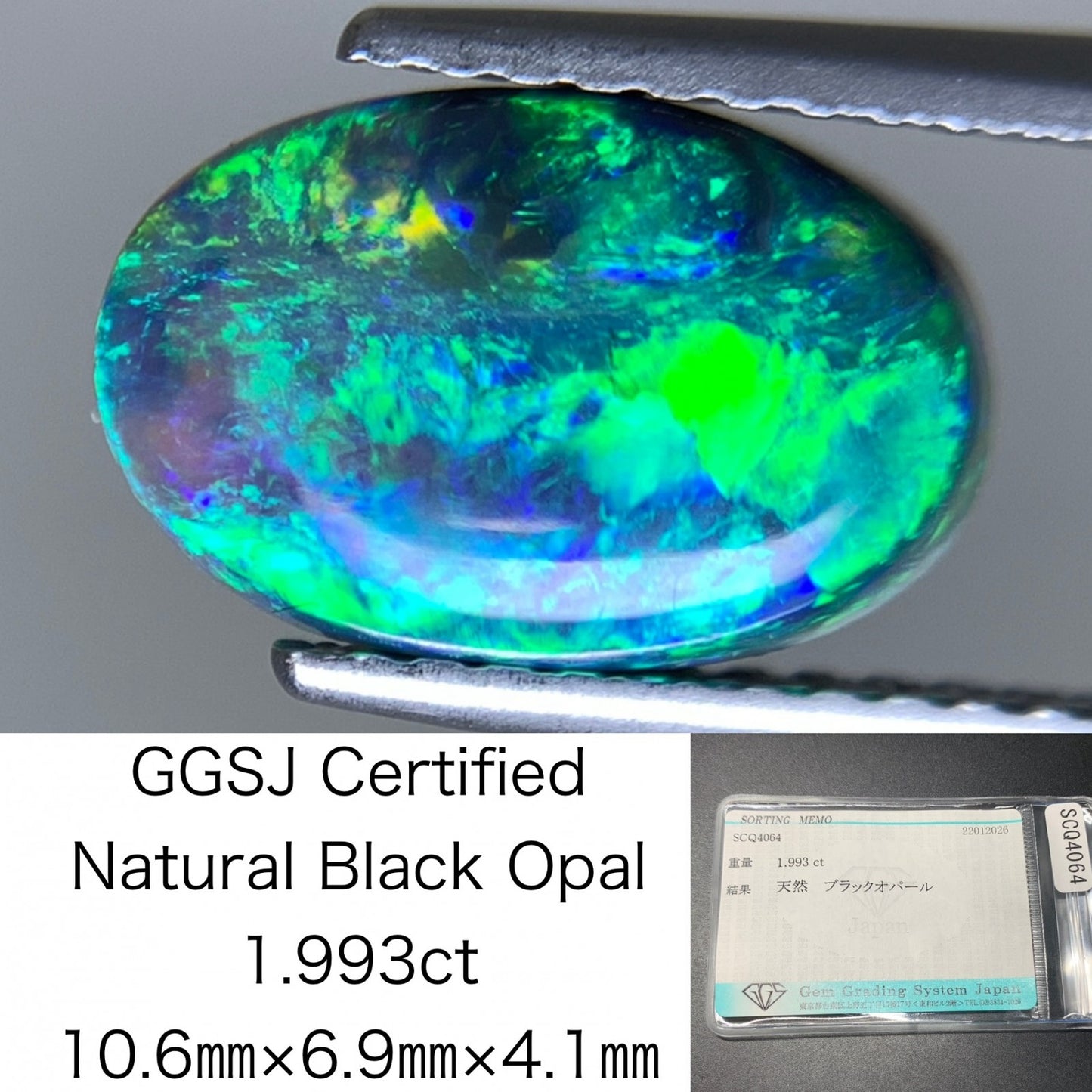 ブラックオパール 天然 1.993ct 宝石ソーティング付き 10.6㎜×6.9㎜×4.1㎜ ルース（ 裸石 ） 8130Y