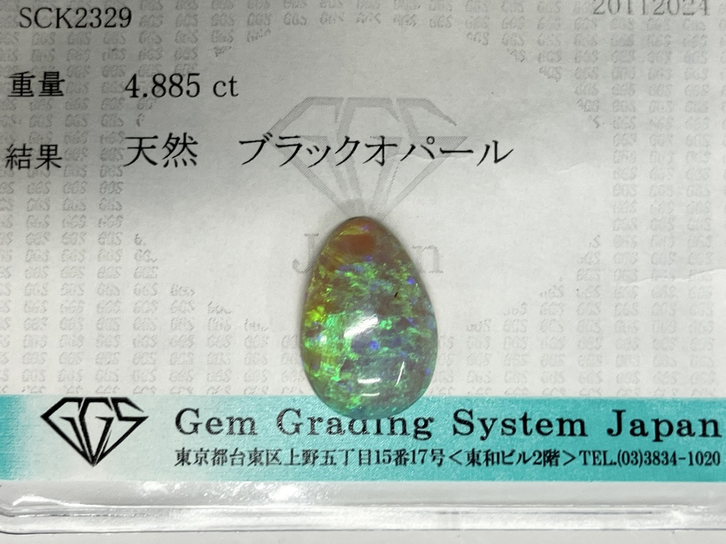 ブラックオパール 4.885ct 宝石ソーティング付き 15.8㎜×10.9㎜×4.8㎜ ルース（ 裸石 ） 3193S