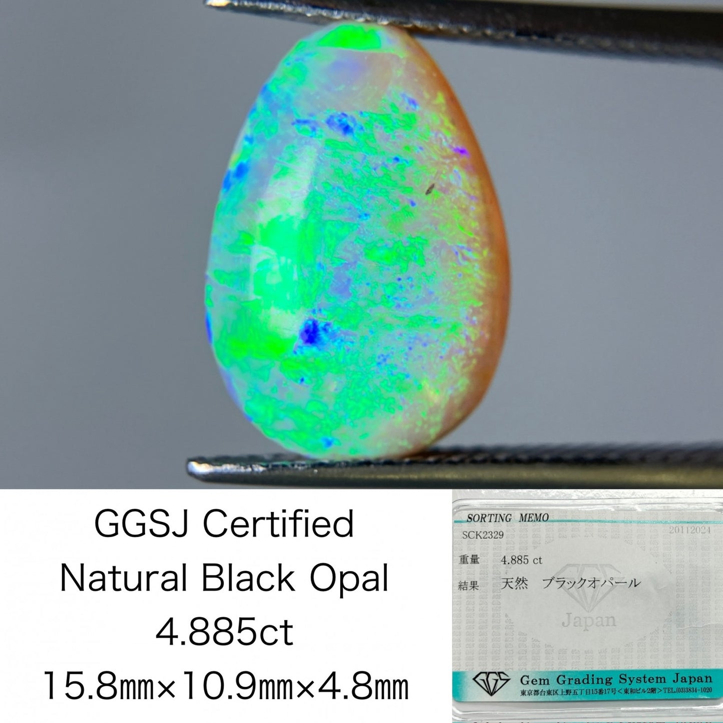 ブラックオパール 4.885ct 宝石ソーティング付き 15.8㎜×10.9㎜×4.8㎜ ルース（ 裸石 ） 3193S