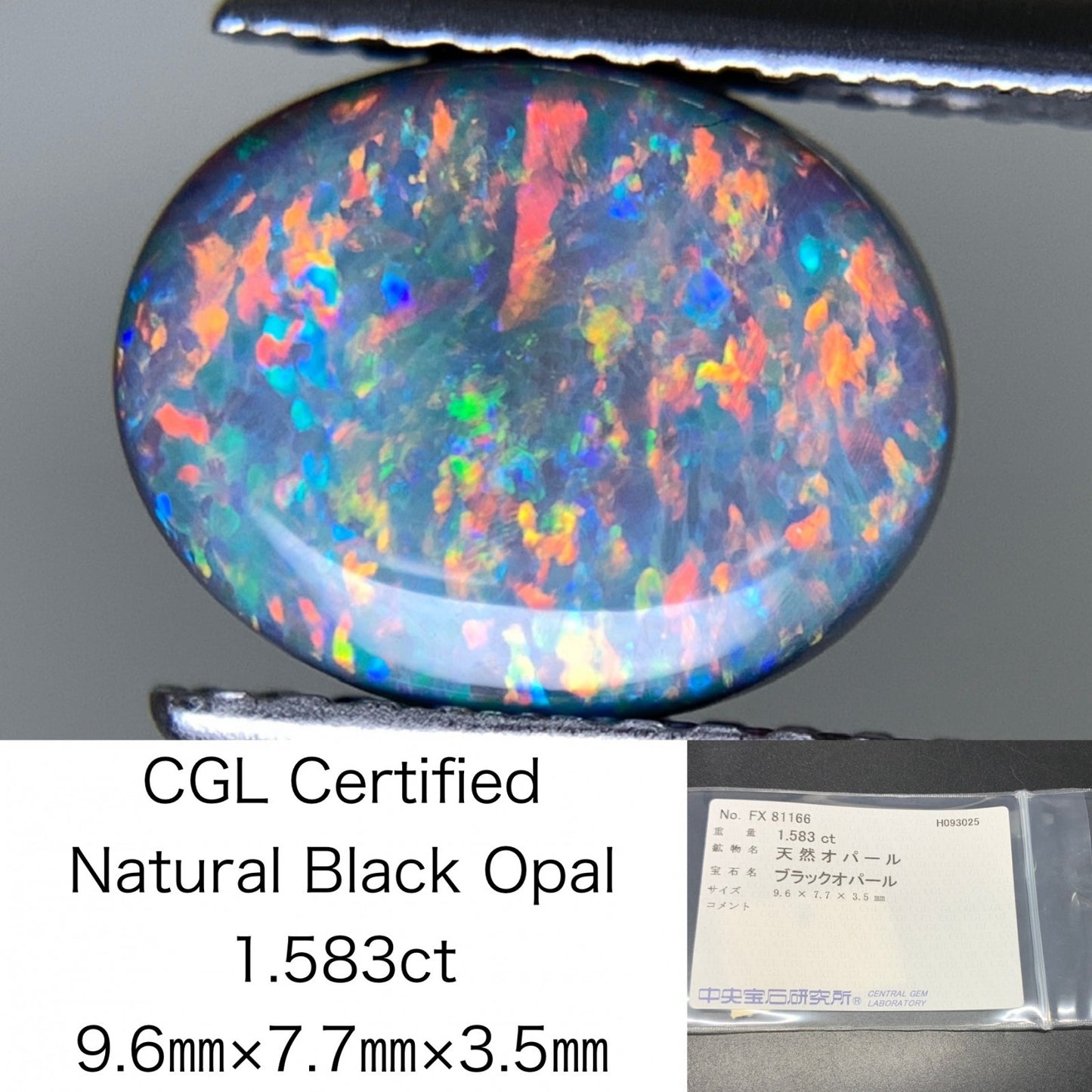 ブラックオパール 天然 1.583ct 中央宝石ソーティング付き 9.6㎜×7.7㎜×3.5㎜ ルース（ 裸石 ） 6933Y