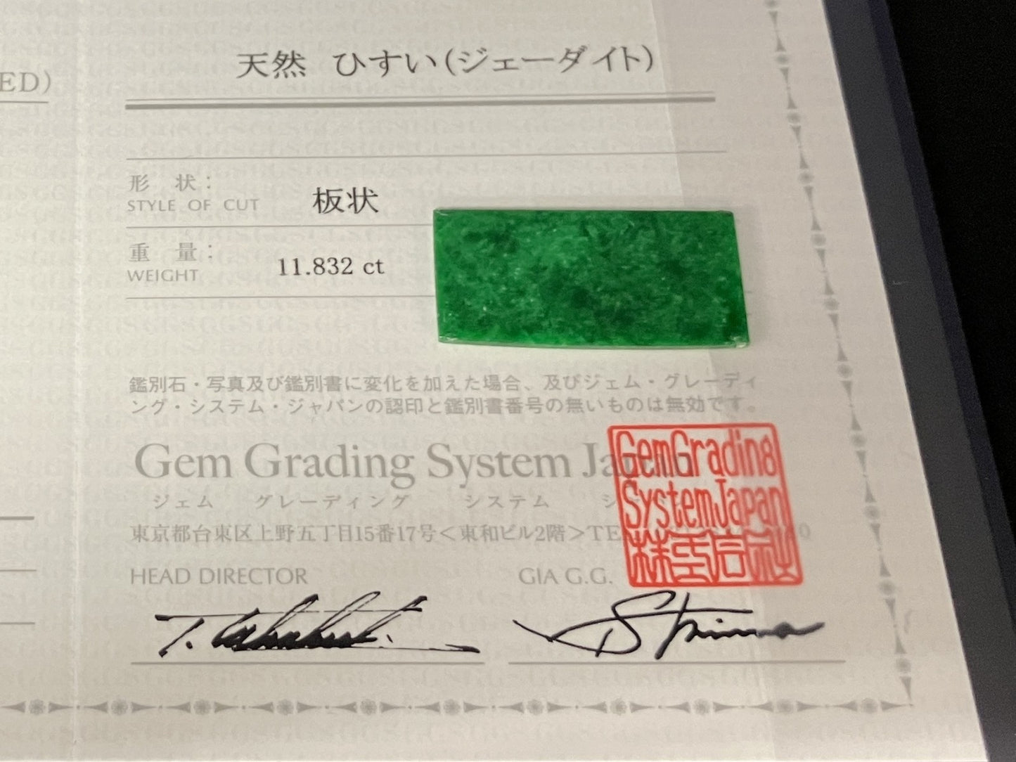 ひすい（ヒスイ 翡翠） 天然 11.832ct 宝石鑑別書付き 29.5㎜×14.7㎜×1.7㎜ ルース（ 裸石 ） 8208YY