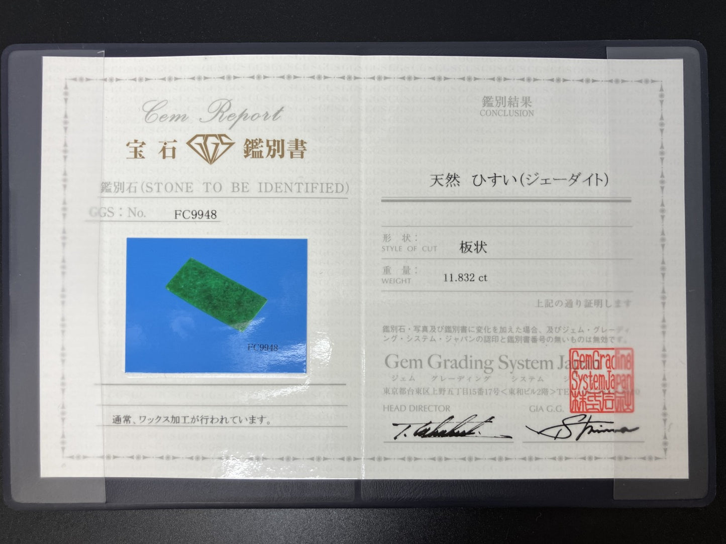ひすい（ヒスイ 翡翠） 天然 11.832ct 宝石鑑別書付き 29.5㎜×14.7㎜×1.7㎜ ルース（ 裸石 ） 8208YY