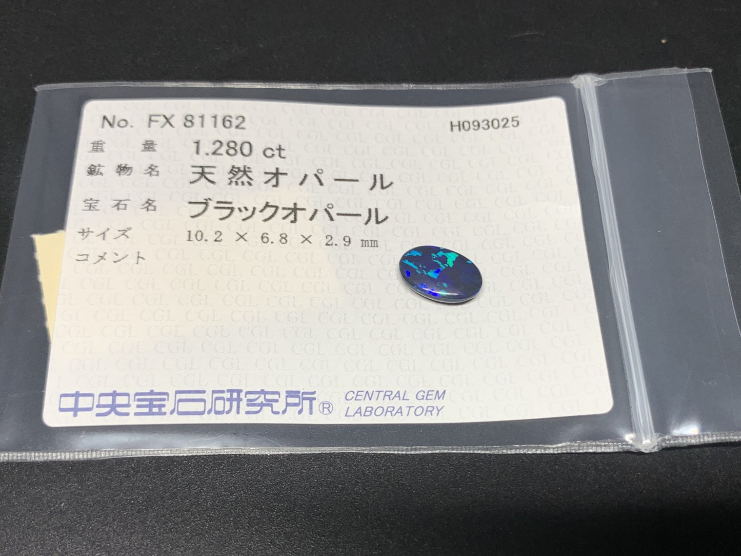 ブラックオパール 天然 1.280ct 中央宝石ソーティング付き 10.2㎜×6.8㎜×2.9㎜ ルース（ 裸石 ） 6920Y