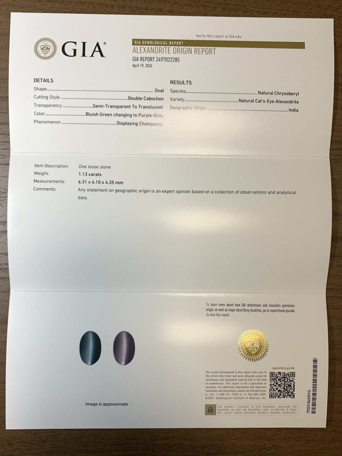 アレキサンドライトキャッツアイ 1.13ct  GIA宝石鑑別書付き  Bluish Green changing to Purple-Gray India 6.31㎜×4.10㎜×4.35㎜  ルース（ 裸石 ）   1538Y