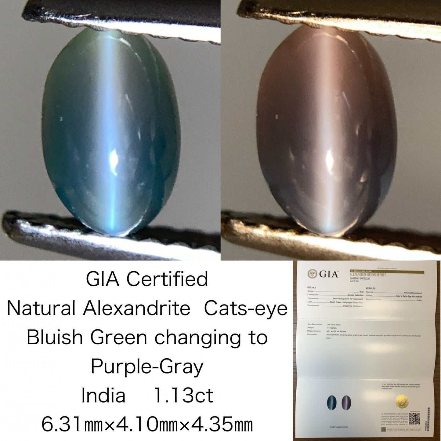 アレキサンドライトキャッツアイ 1.13ct  GIA宝石鑑別書付き  Bluish Green changing to Purple-Gray India 6.31㎜×4.10㎜×4.35㎜  ルース（ 裸石 ）   1538Y