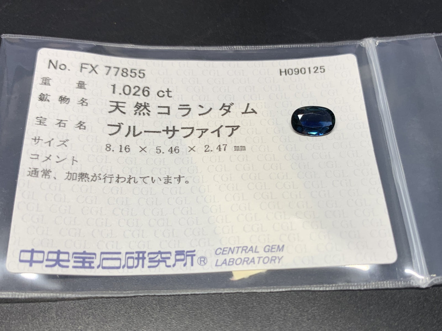 サファイア 天然 1.026ct 中央宝石ソーティング付き 8.16㎜×5.46㎜×2.47㎜ ルース（ 裸石 ） 6120Y