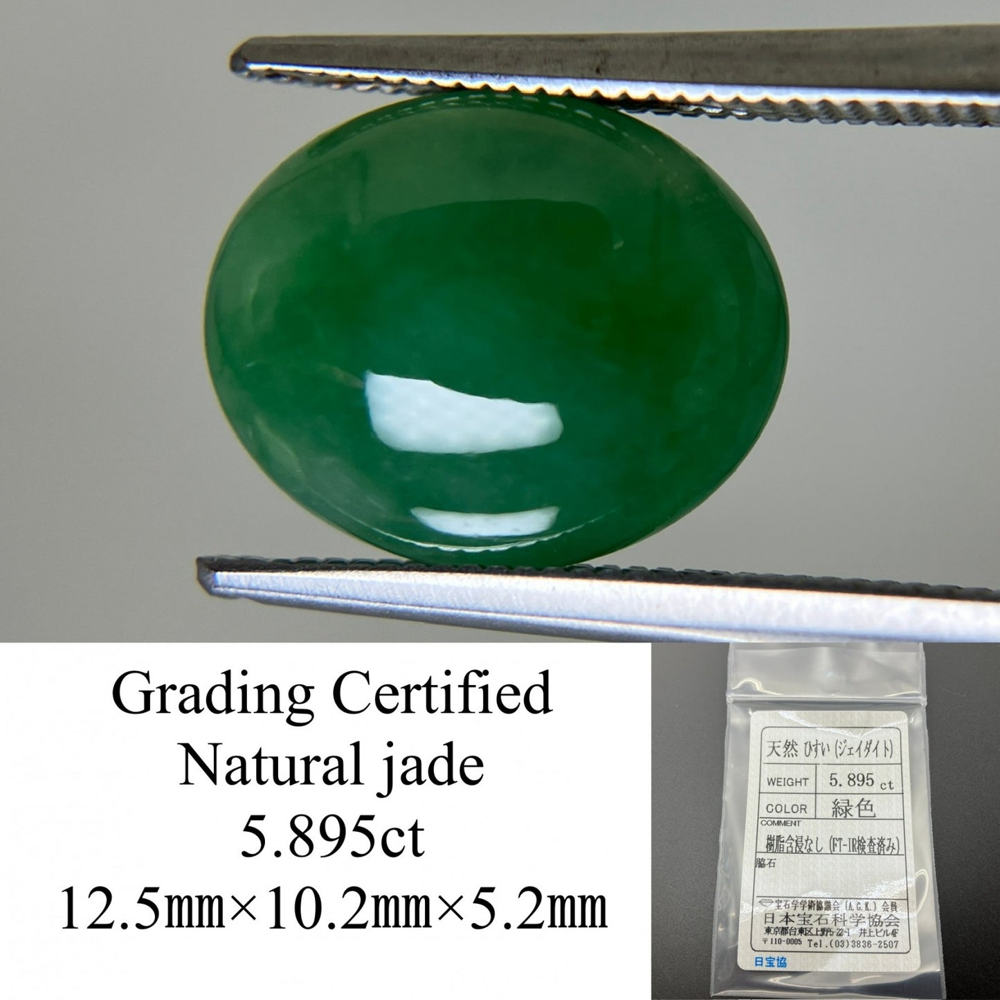 ヒスイ　翡翠　天然　 5.895ct  宝石ソーティング付き  12.5㎜×10.2㎜×5.2㎜  天然 ルース（ 裸石 ） 4699YY
