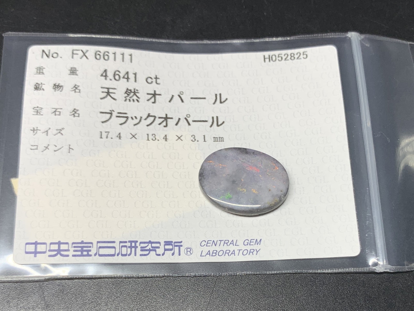 ブラックオパール 天然 4.641ct 中央宝石ソーティング付き 17.4㎜×13.4㎜×3.1㎜ 天然 ルース（ 裸石 ） 5201Y