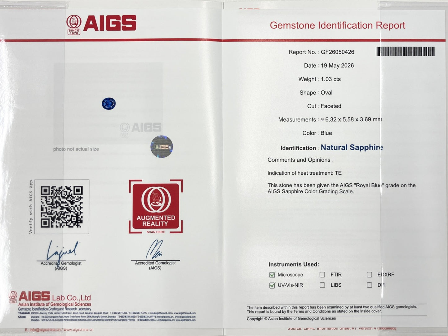 サファイア 1.03ct ロイヤルブルー royal blue AIGS鑑別書 D0.95ct PT900 5.6g 指輪 （JP13号） サイズ直し無料 7725K