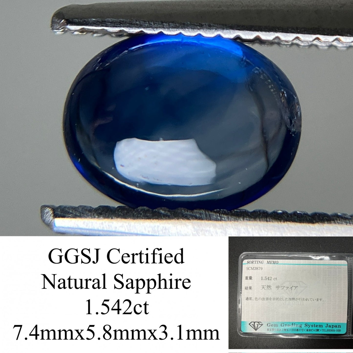 サファイア 1.542ct  宝石ソーティング付き  7.4㎜×5.8㎜×3.1㎜  天然 ルース（ 裸石 ） 4861YY