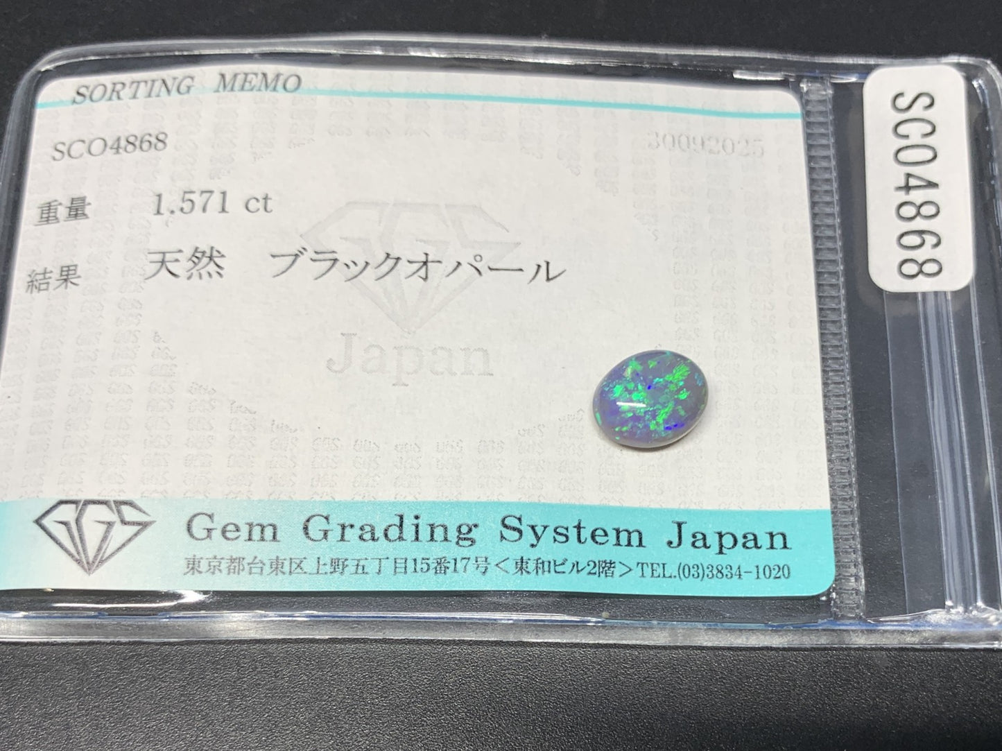 ブラックオパール 天然 1.571ct 宝石ソーティング付き 8.7㎜×6.9㎜×4.3㎜ ルース（ 裸石 ） 7005Y