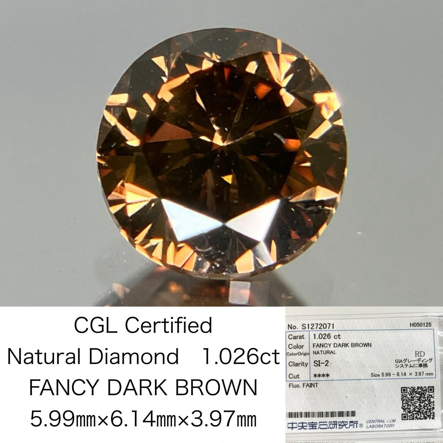 ダイヤモンド　天然 1.026ct 中央宝石ソーティング付き FANCY DARK BROWN 5.99㎜×6.14㎜×3.97㎜ 天然 ルース（ 裸石 ） 8529S