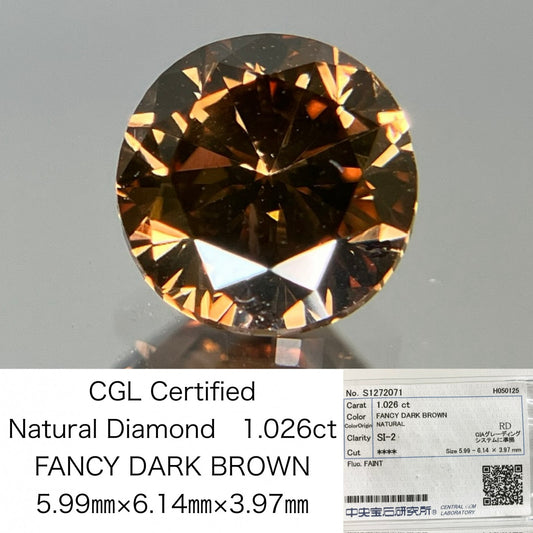 ダイヤモンド　天然 1.026ct 中央宝石ソーティング付き FANCY DARK BROWN 5.99㎜×6.14㎜×3.97㎜ 天然 ルース（ 裸石 ） 8529S