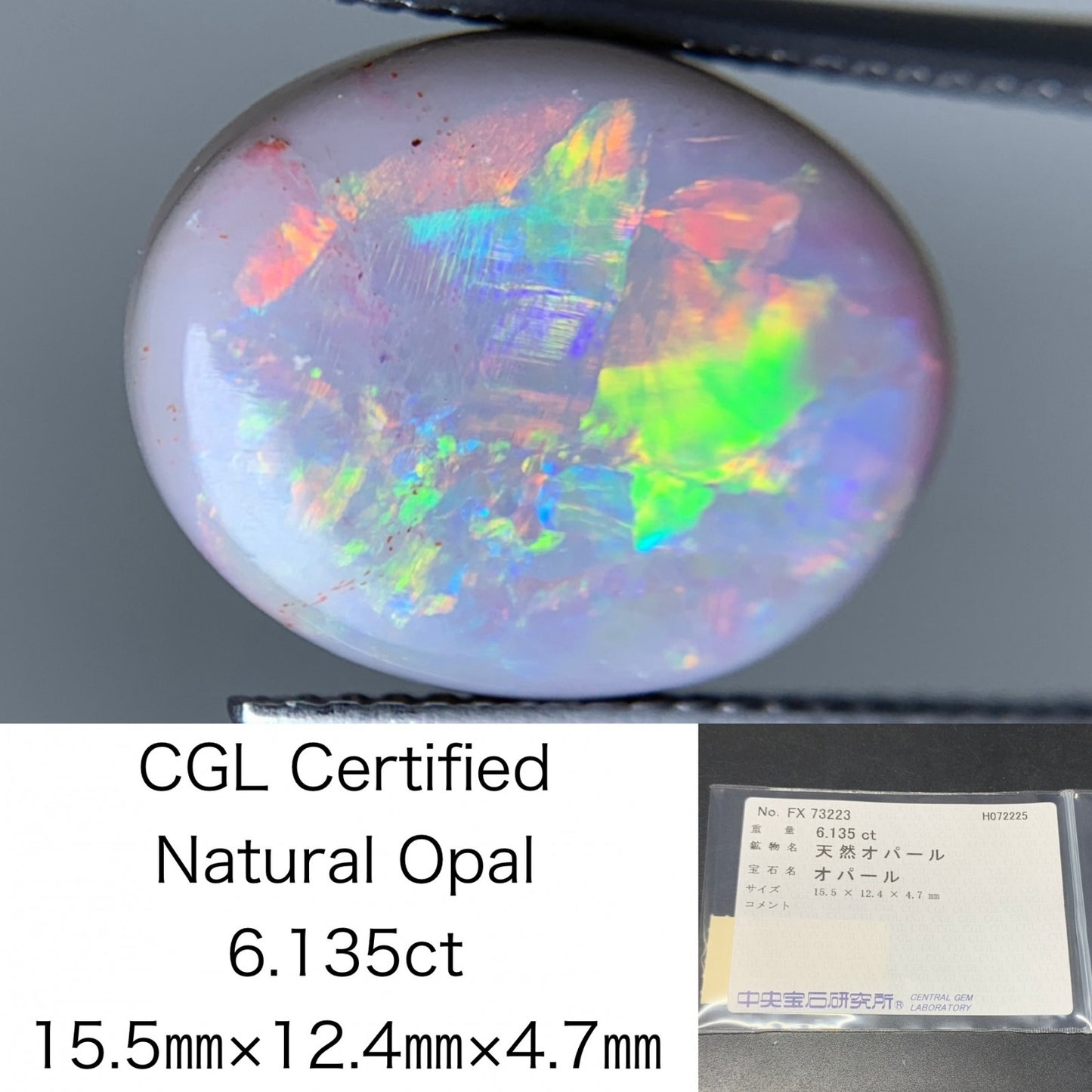 オパール 天然 6.135ct 中央宝石ソーティング付き 15.5㎜×12.4㎜×4.7㎜ ルース（ 裸石 ） 6019Y