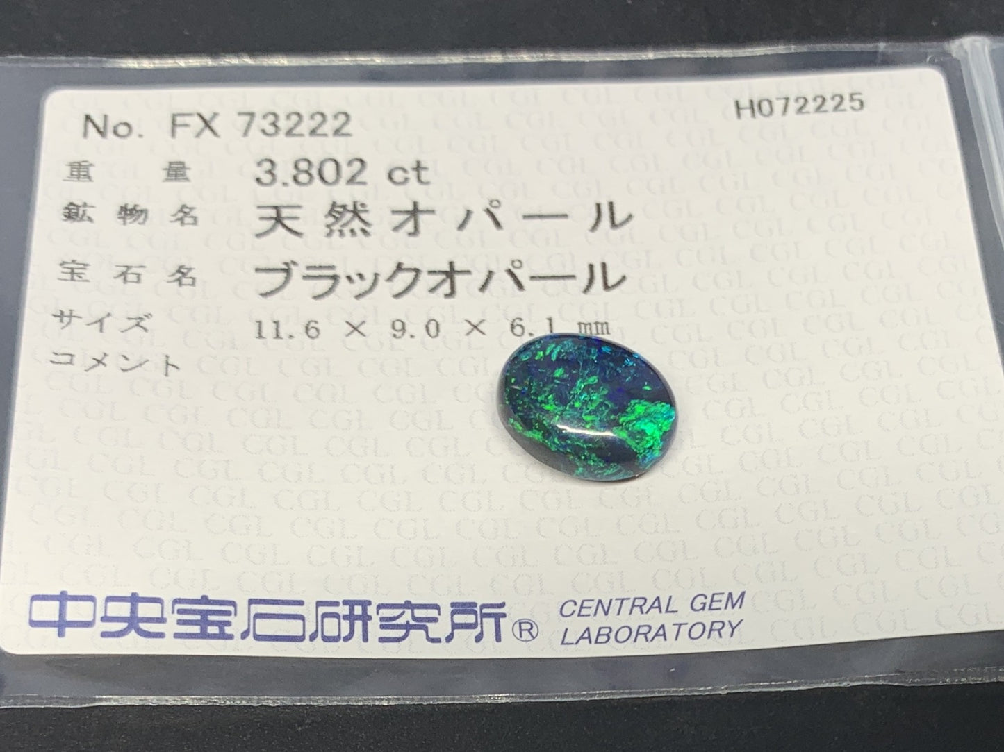 ブラックオパール 天然  3.802ct  中央宝石ソーティング付き  11.6㎜×9.0㎜×6.1㎜  ルース（ 裸石 ） 6065Y