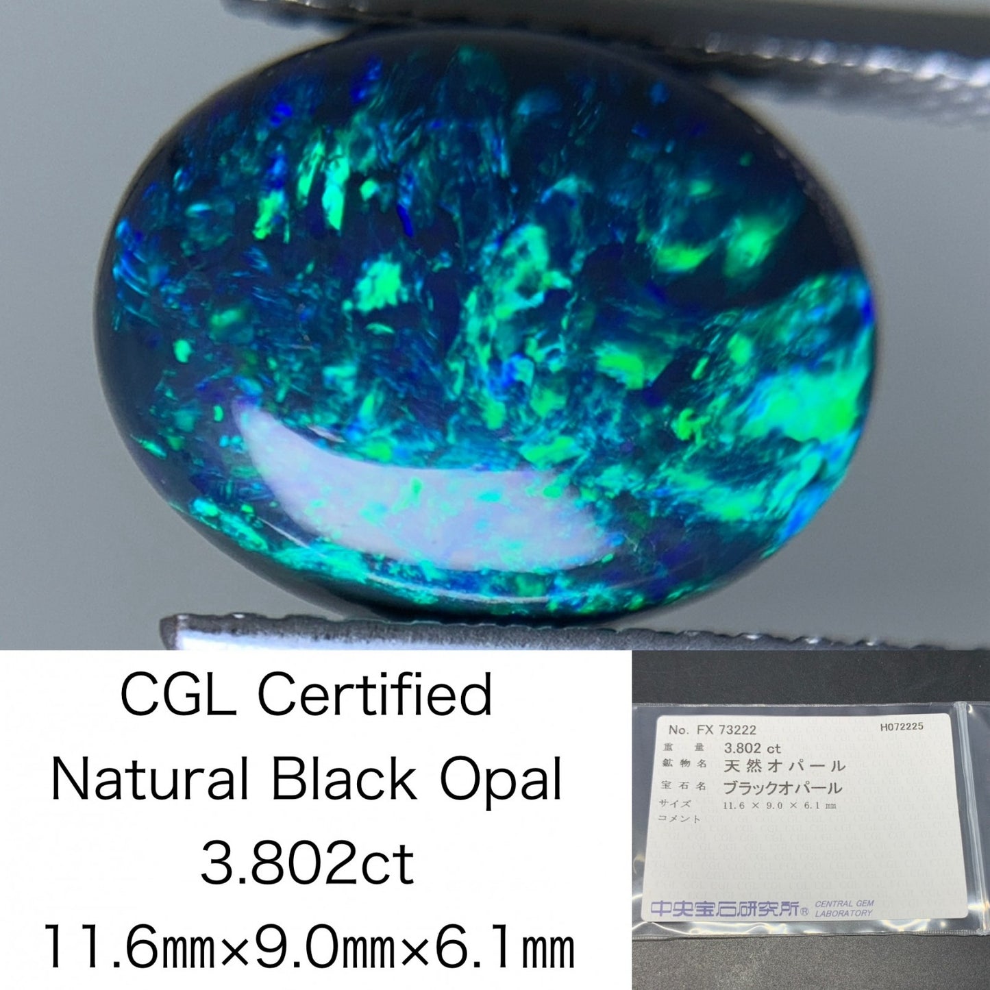 ブラックオパール 天然  3.802ct  中央宝石ソーティング付き  11.6㎜×9.0㎜×6.1㎜  ルース（ 裸石 ） 6065Y