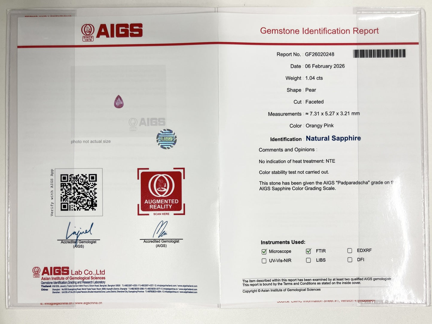 パパラチャサファイア 1.04ct 非加熱 NoHeat AIGS鑑別書 D0.70ct PT900 5.5g 指輪 （JP9号） サイズ直し無料 8583S