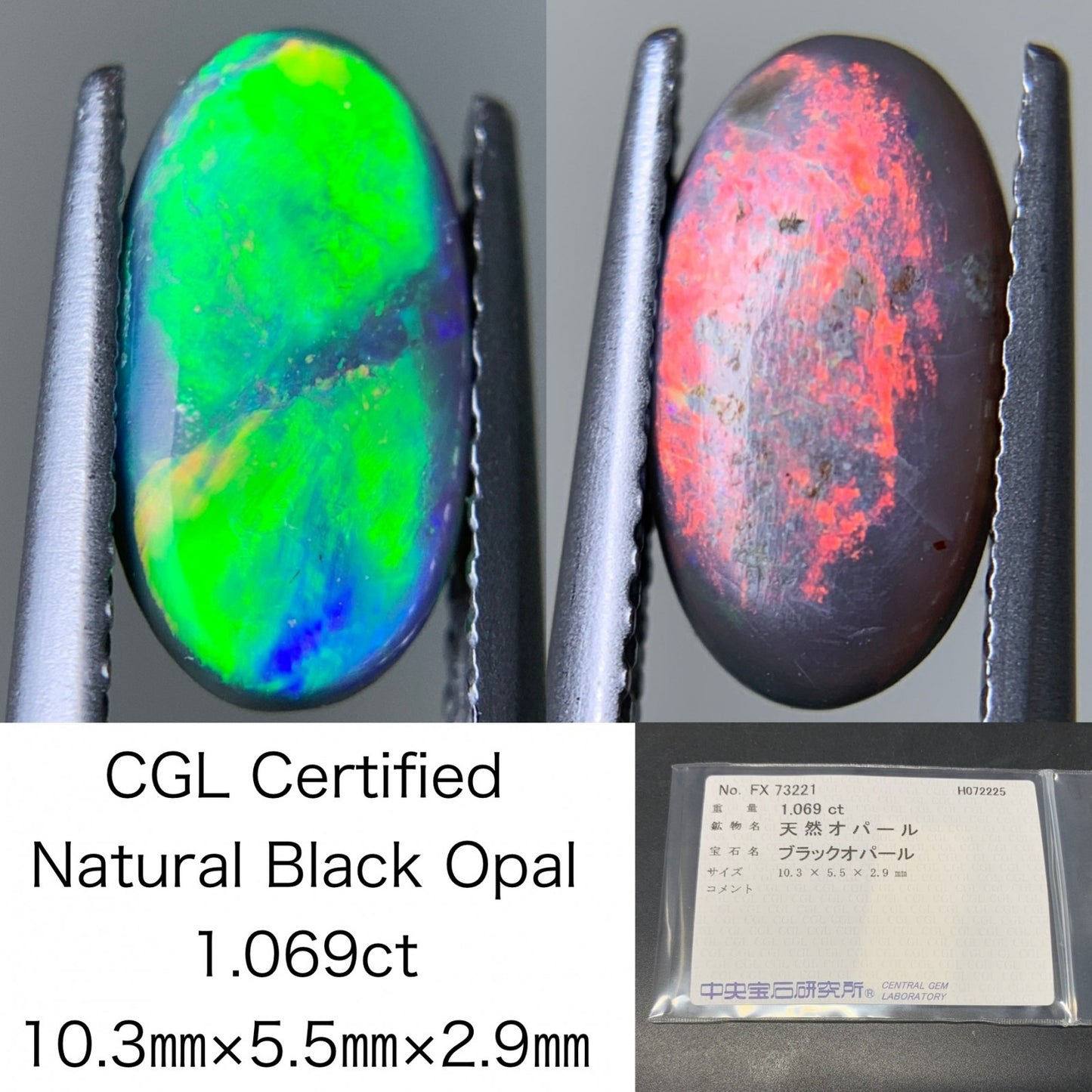 ブラックオパール（両面遊色） 天然  1.069ct  中央宝石ソーティング付き  10.3㎜×5.5㎜×2.9㎜  ルース（ 裸石 ） 6064Y
