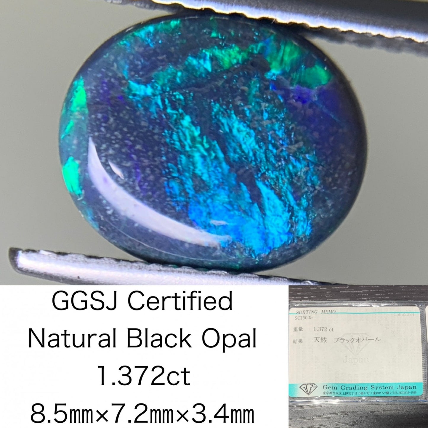 ブラックオパール 1.372ct  宝石ソーティング付き  8.5㎜×7.2㎜×3.4㎜  ルース（ 裸石 ） 2113Y