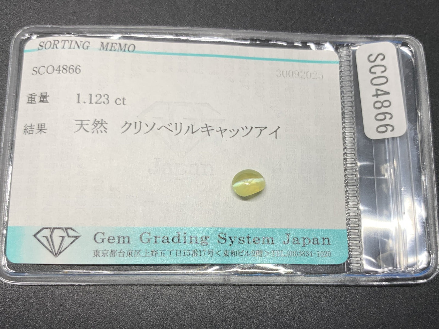 クリソベリルキャッツアイ 天然 1.123ct 宝石ソーティング付き 6.2㎜×5.4㎜×3.5㎜ ルース（ 裸石 ） 7009Y