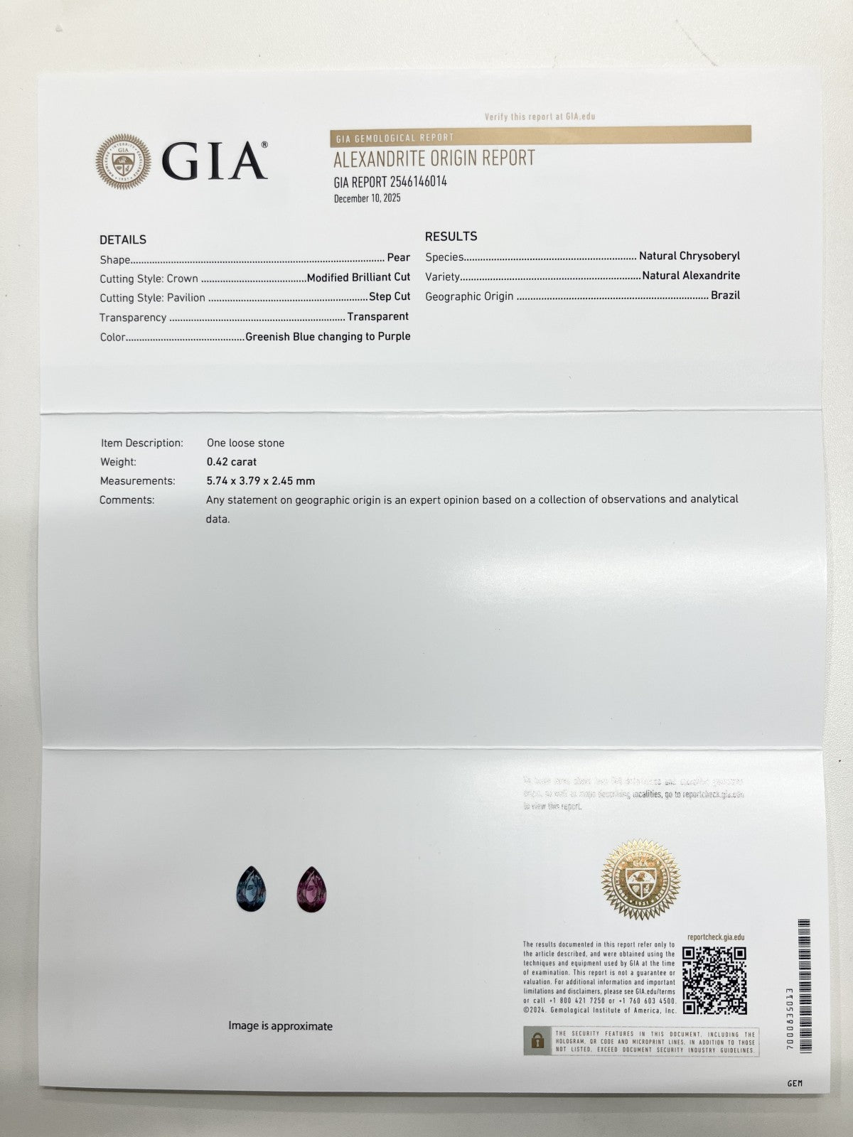 アレキサンドライト 0.42ct ブラジル産 Brazil GIA鑑別書 D0.47ct PT900 2.9g 指輪 （JP11号） サイズ直し無料 7581S