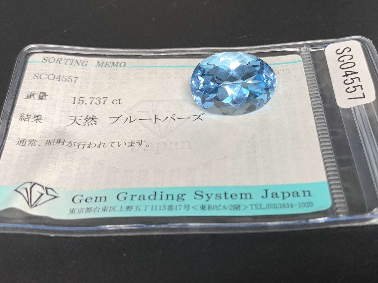 ブルートパーズ 天然 15.737ct 宝石ソーティング付き 17.8㎜×12.8㎜×9.0㎜ ルース（ 裸石 ） 6987Y