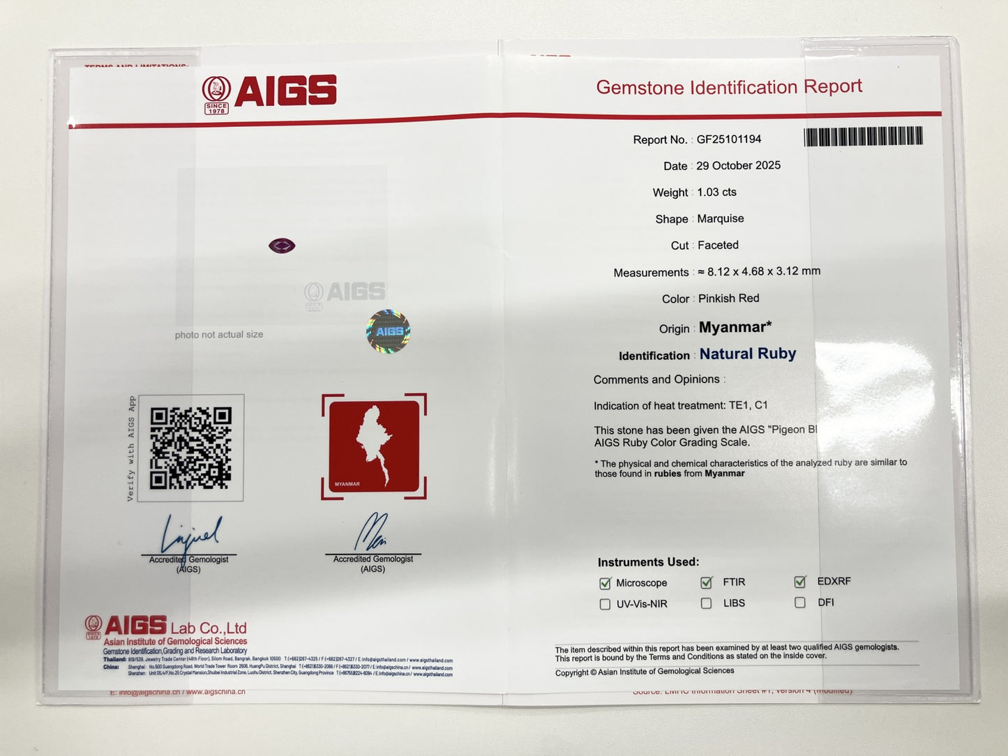 ルビー 1.03ct ミャンマー産 Myanmar　Pigeon blood AIGS鑑別書 D0.31ct PT900 4.1g 指輪 （JP11号） サイズ直し無料 7351S