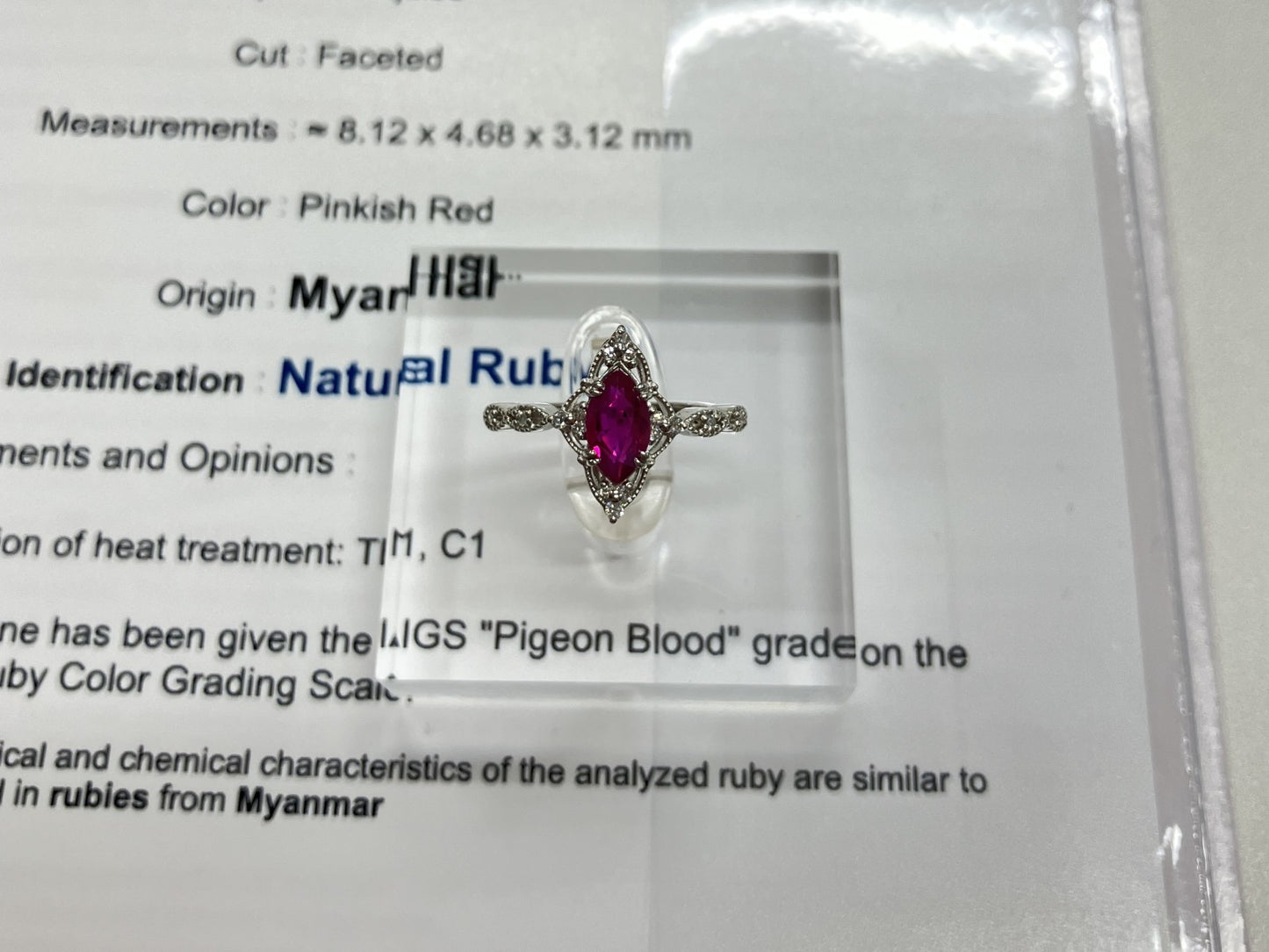 ルビー 1.03ct ミャンマー産 Myanmar　Pigeon blood AIGS鑑別書 D0.31ct PT900 4.1g 指輪 （JP11号） サイズ直し無料 7351S