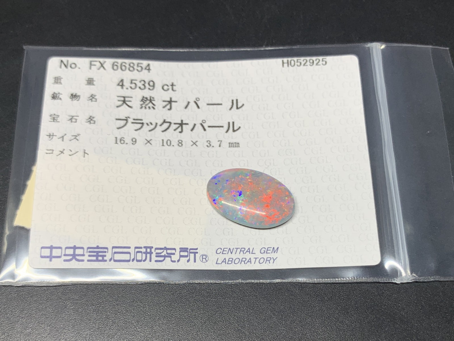 ブラックオパール  天然  4.539ct  中央宝石ソーティング付き  16.9㎜×10.8㎜×3.7㎜   天然 ルース（ 裸石 ） 5209Y