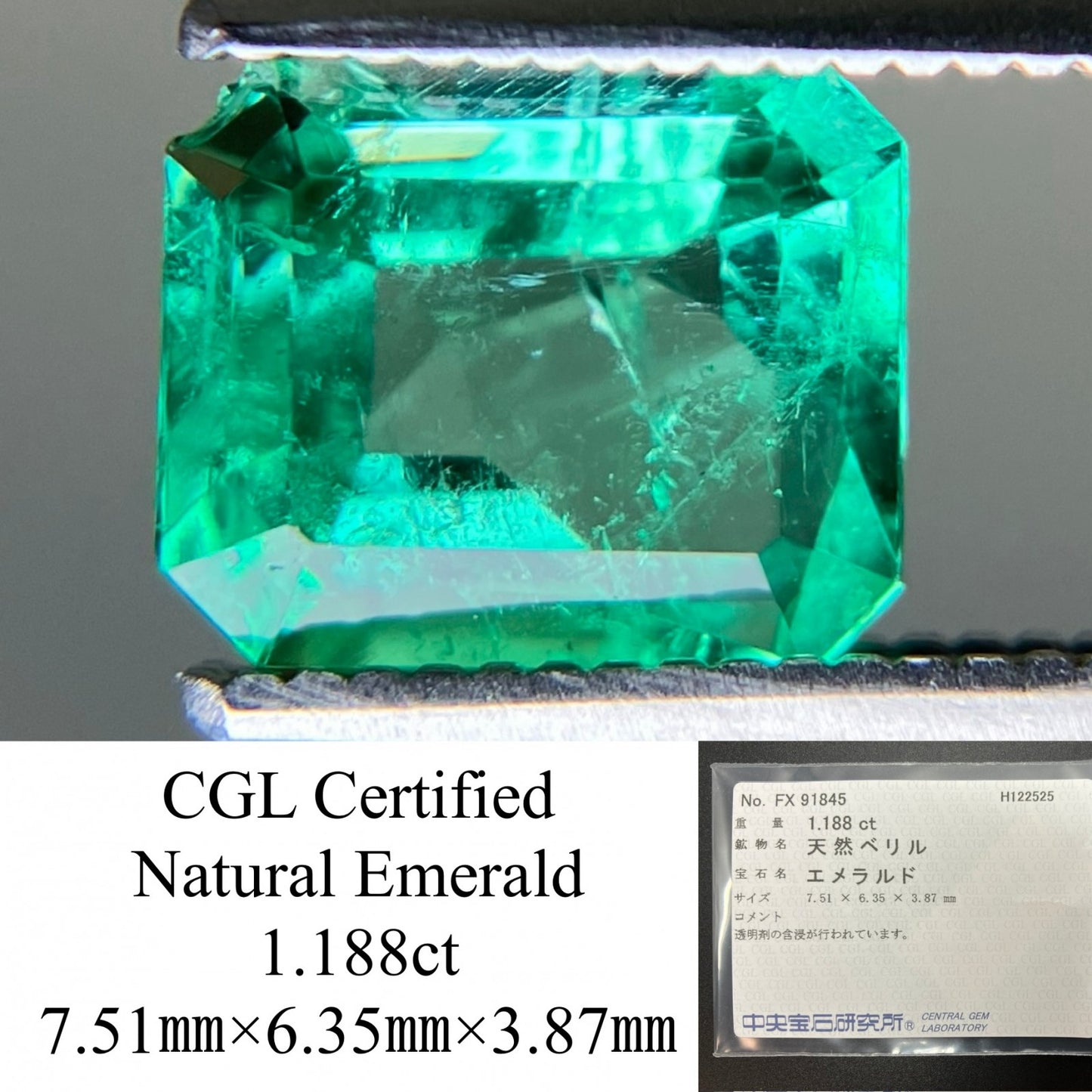 エメラルド 天然 1.188ct 中央宝石ソーティング付き 7.51㎜×6.35㎜×3.87㎜ ルース（ 裸石 ） 7863YY