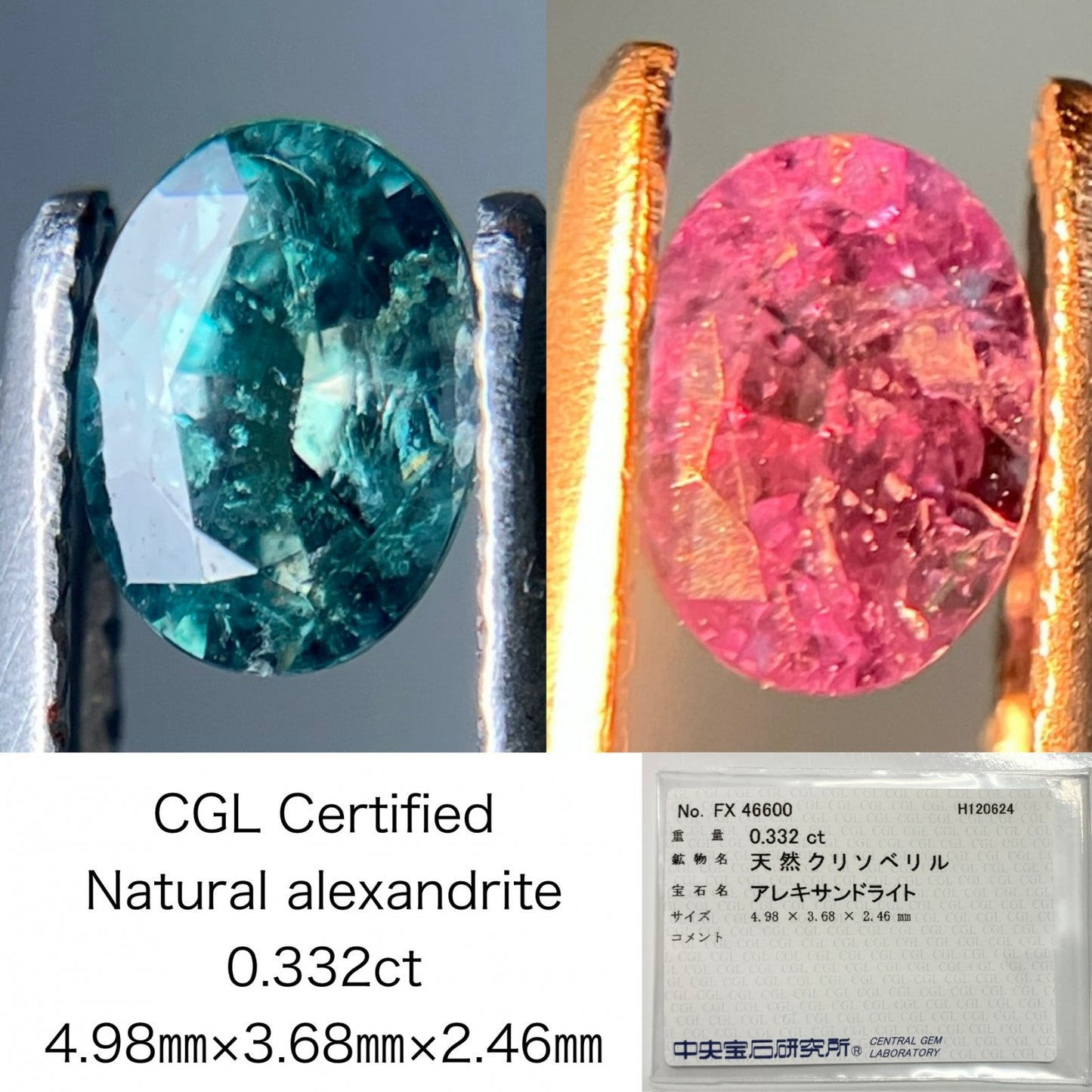 アレキサンドライト 0.332ct 中央宝石ソーティング付き 4.98㎜×3.68㎜×2.46㎜ ルース（ 裸石 ） 3379S
