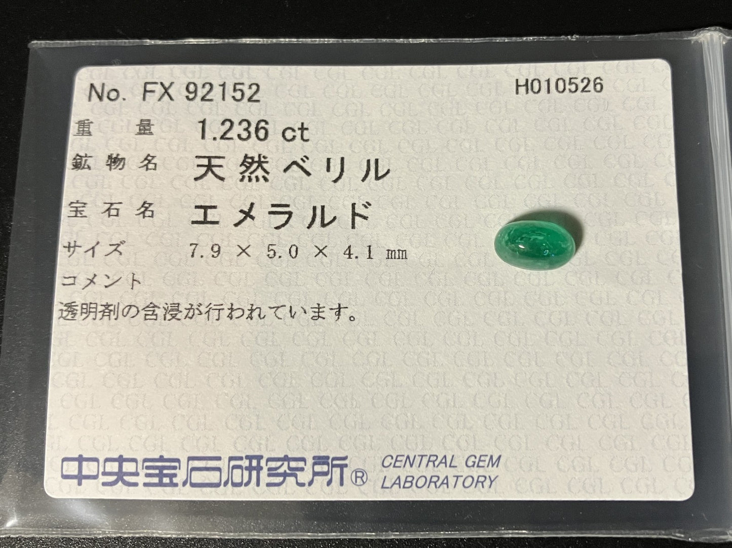 エメラルド 天然 1.236ct 中央宝石ソーティング付き 7.9㎜×5.0㎜×4.1㎜ ルース（ 裸石 ） 7904YY