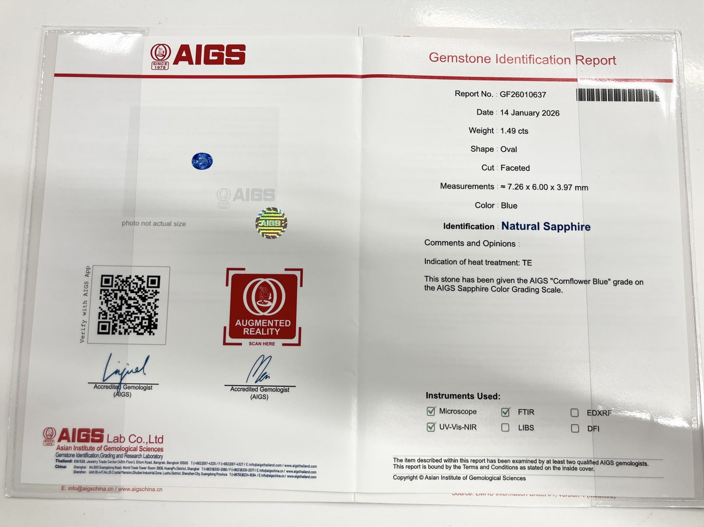 サファイア 1.49ct コンフラワーブルー Cornflower blue AIGS鑑別書 D0.72ct PT900 5.4g 指輪 （JP13号） サイズ直し無料 7326S