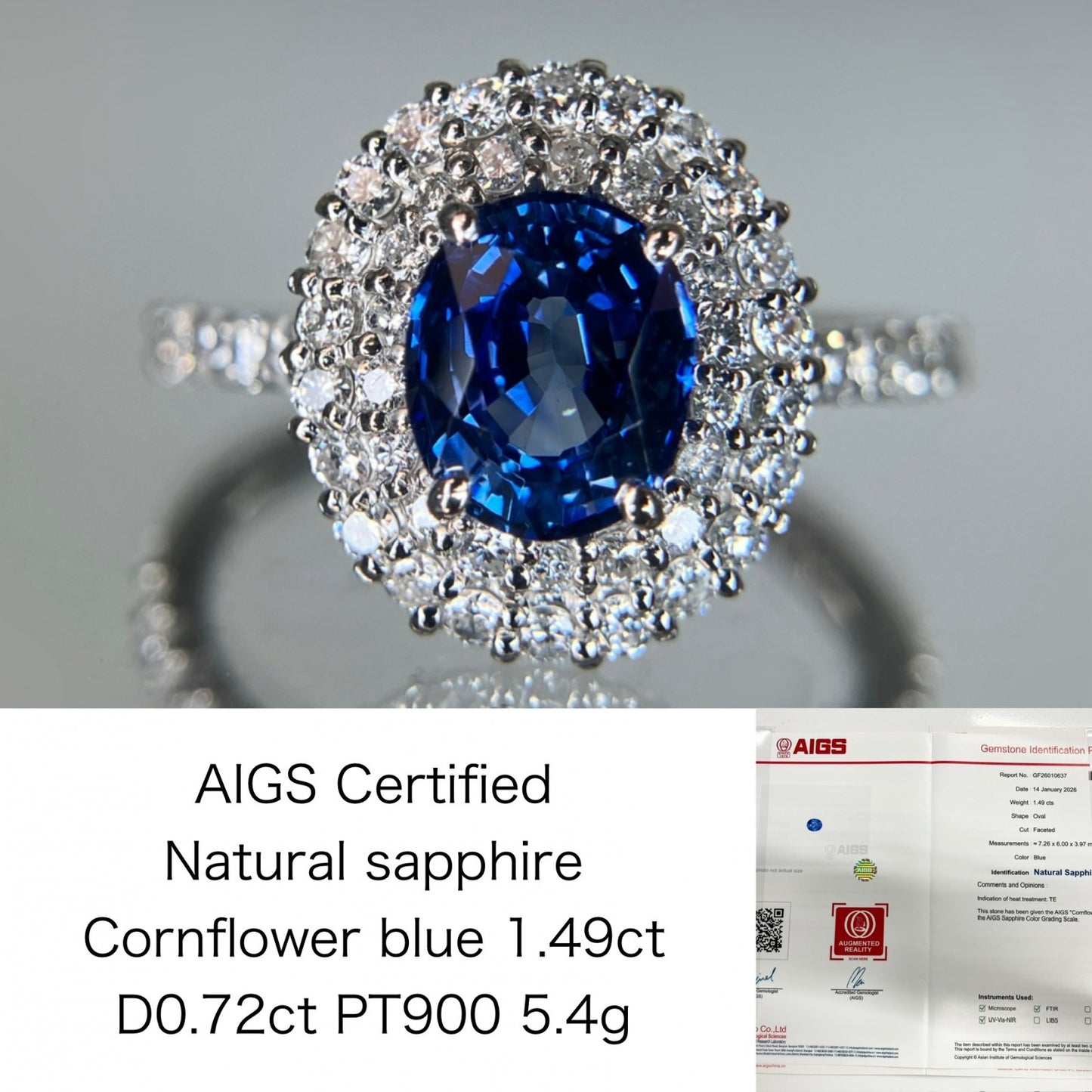 サファイア 1.49ct コンフラワーブルー Cornflower blue AIGS鑑別書 D0.72ct PT900 5.4g 指輪 （JP13号） サイズ直し無料 7326S