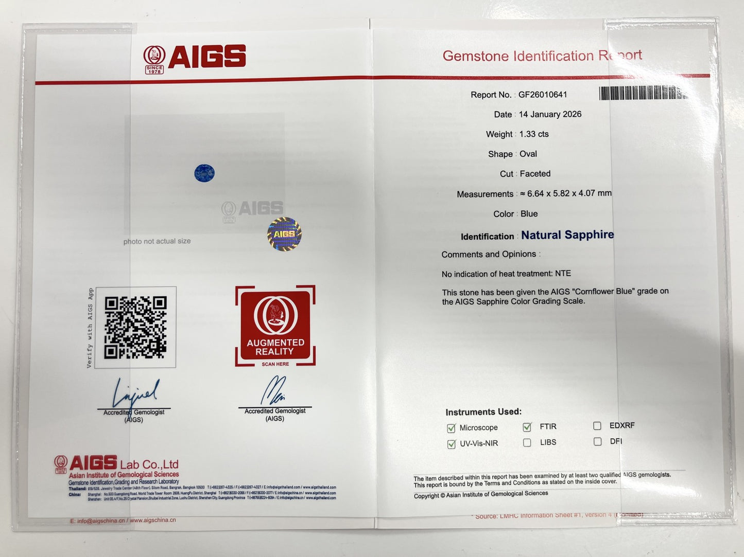 サファイア 1.33ct 非加熱 NoHeat コンフラワーブルー AIGS鑑別書 D0.72ct PT900 5.2g 指輪 （JP13号） サイズ直し無料 7164S