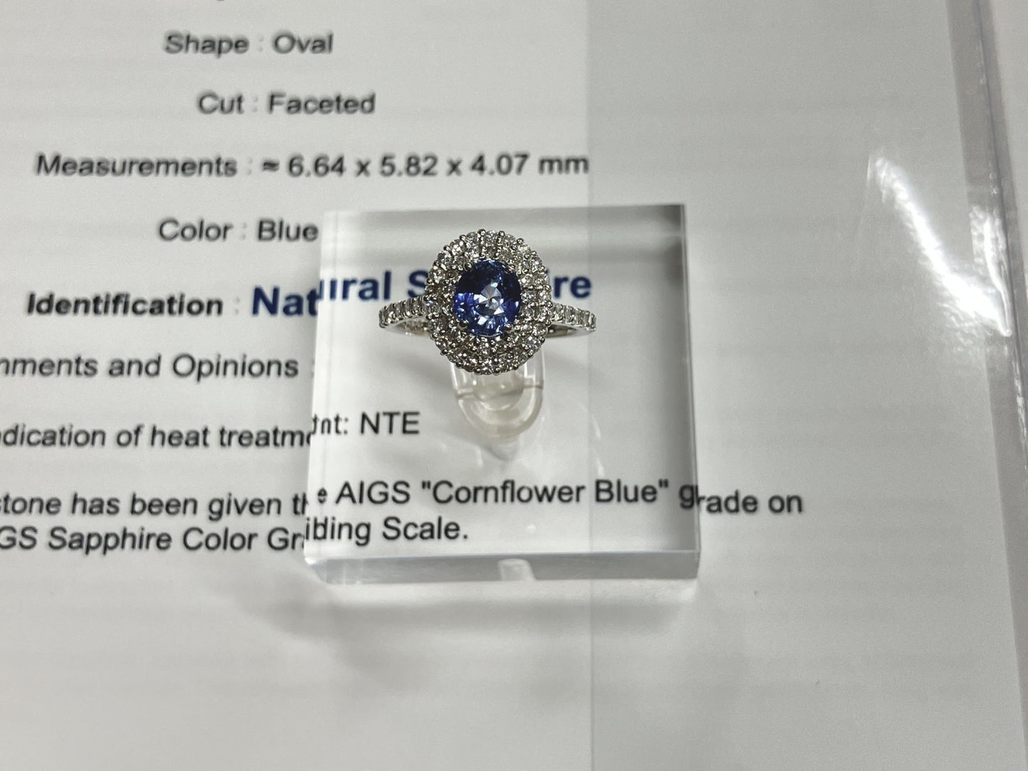 サファイア 1.33ct 非加熱 NoHeat コンフラワーブルー AIGS鑑別書 D0.72ct PT900 5.2g 指輪 （JP13号） サイズ直し無料 7164S