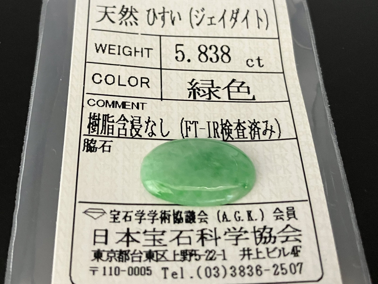 ひすい（ヒスイ 翡翠） 5.838ct 宝石ソーティング付き 17.8㎜×11.2㎜×2.5㎜ ルース（ 裸石 ） 4829YY