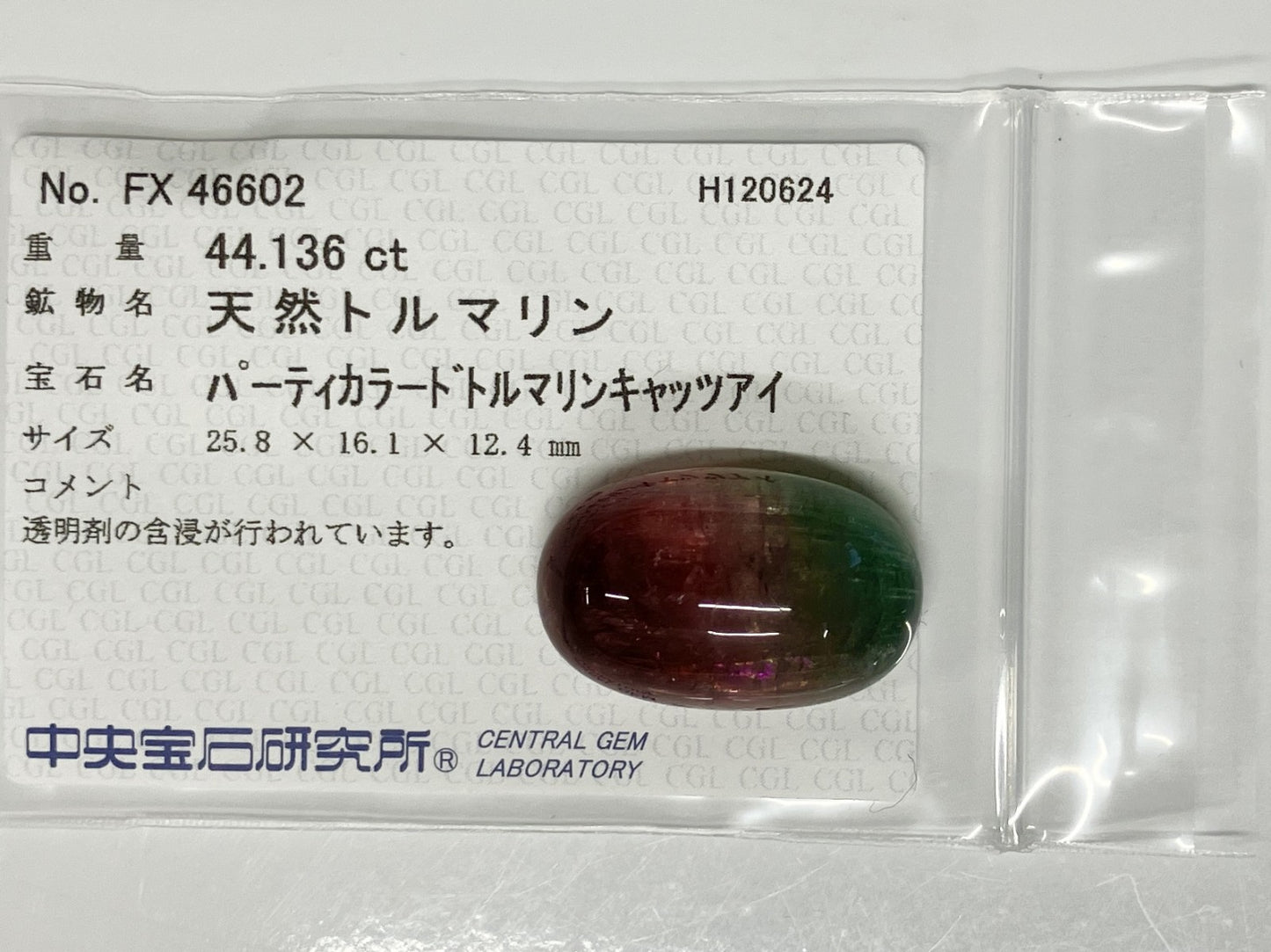 パーティカラードトルマリンキャッツアイ 44.136ct 中央宝石ソーティング付き 25.5㎜×16.0㎜×12.2㎜ ルース（ 裸石 ） 3425S