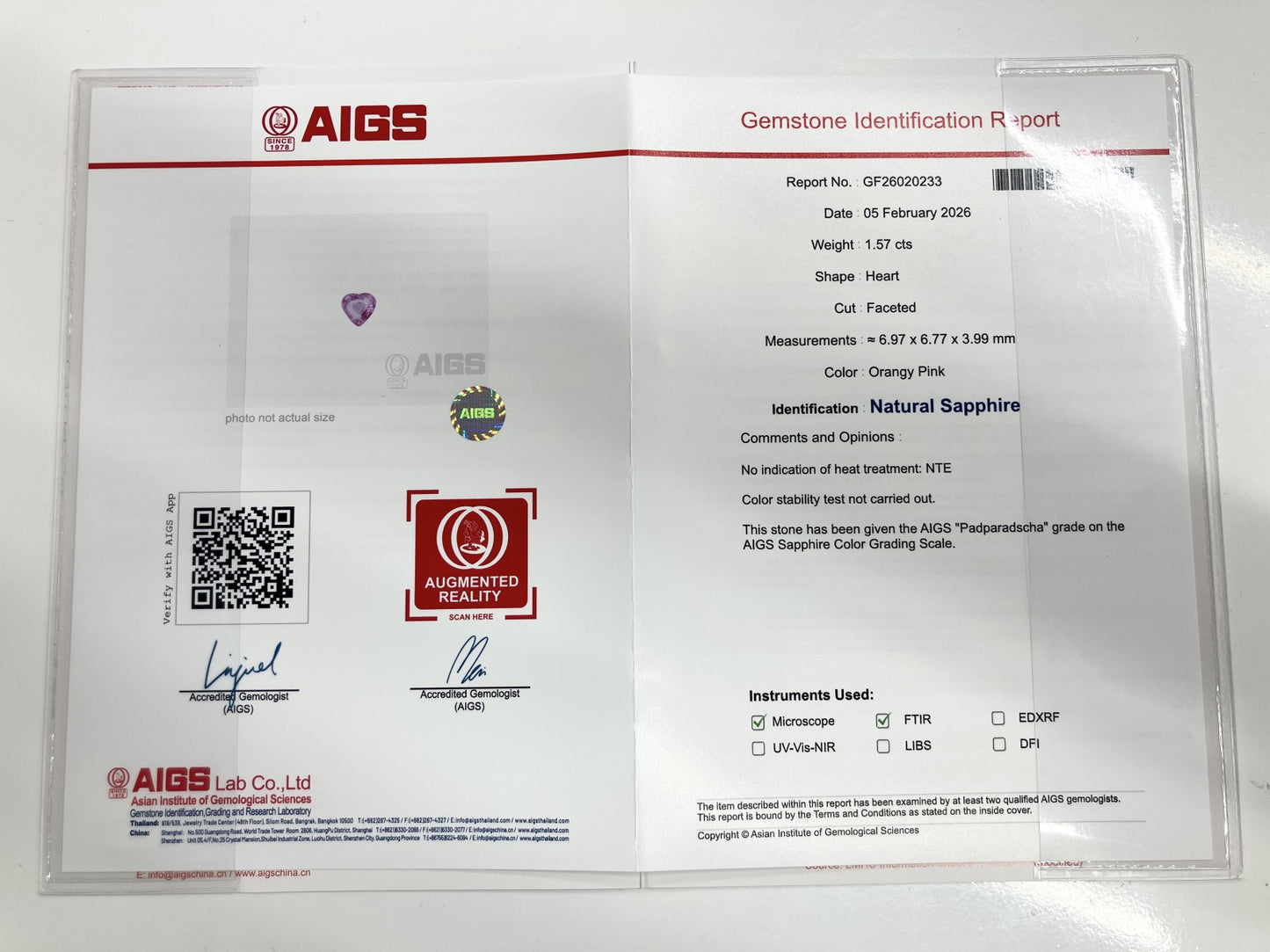 パパラチャサファイア 1.57ct 非加熱 NoHeat AIGS鑑別書 D0.35ct PT900 4.4g 指輪 （JP12号） サイズ直し無料 8581S