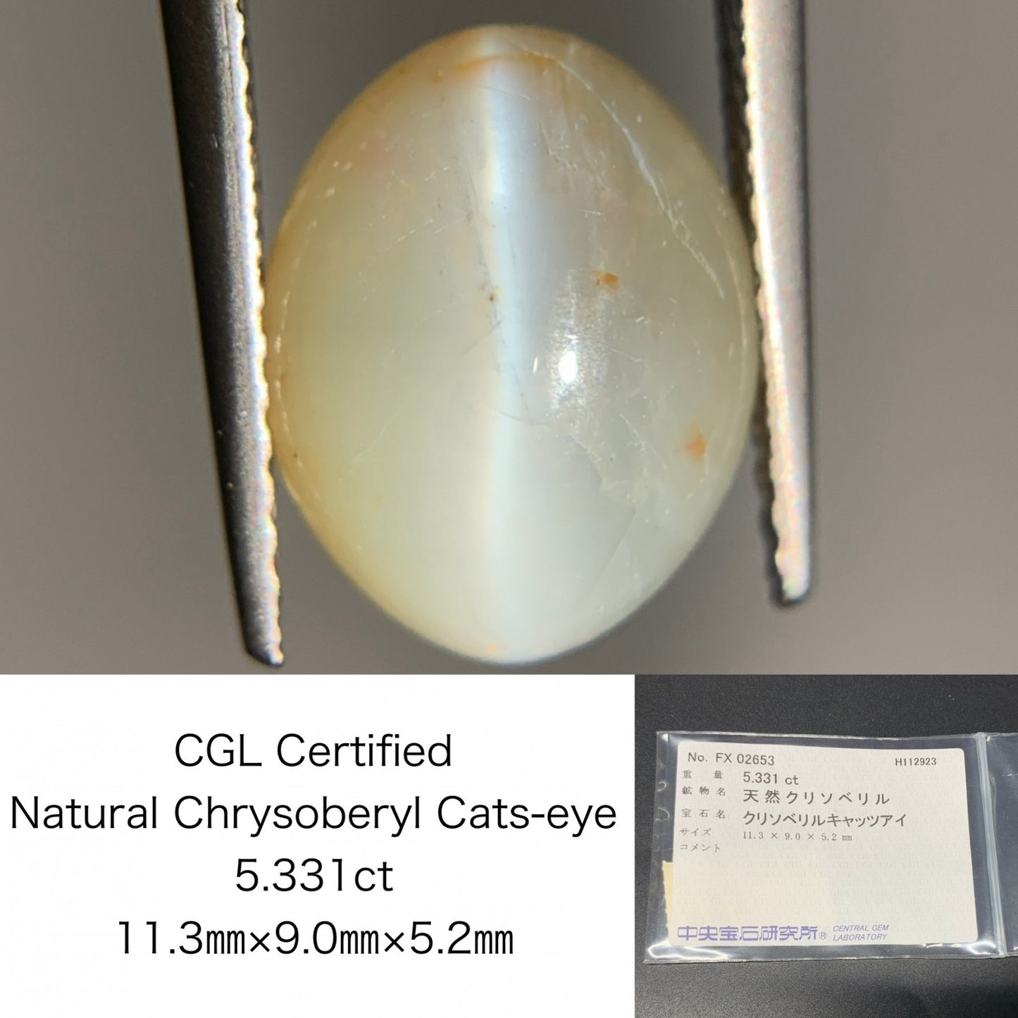 クリソベリルキャッツアイ 5.331ct 中央宝石ソーティング付き 11.3㎜×9.0㎜×5.2㎜ ルース（ 裸石 ） 4019Y