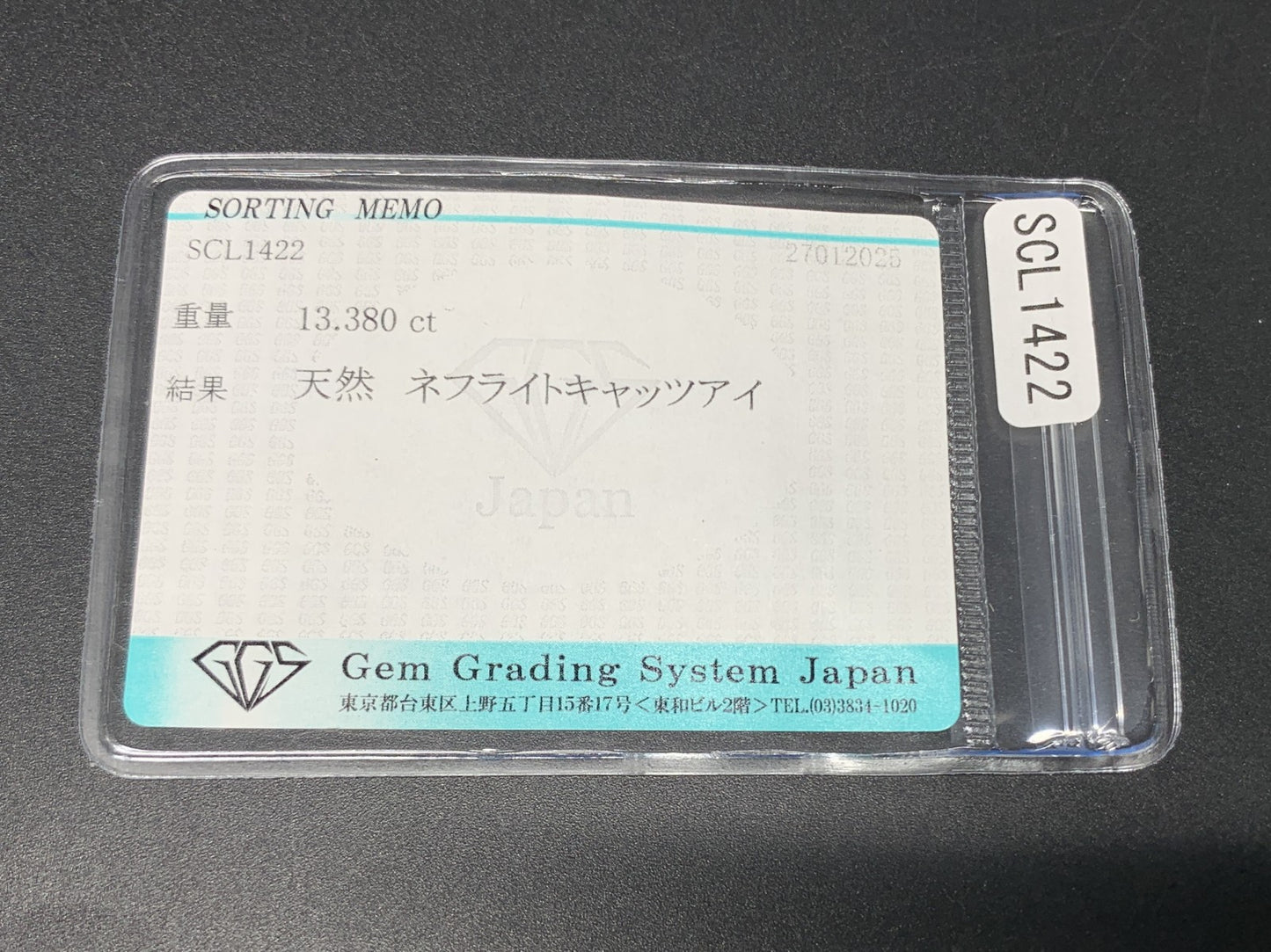 ネフライトキャッツアイ 13.380ct 宝石ソーティング付き 14.5㎜×12.5㎜×8.8㎜ ルース（ 裸石 ） 3868Y