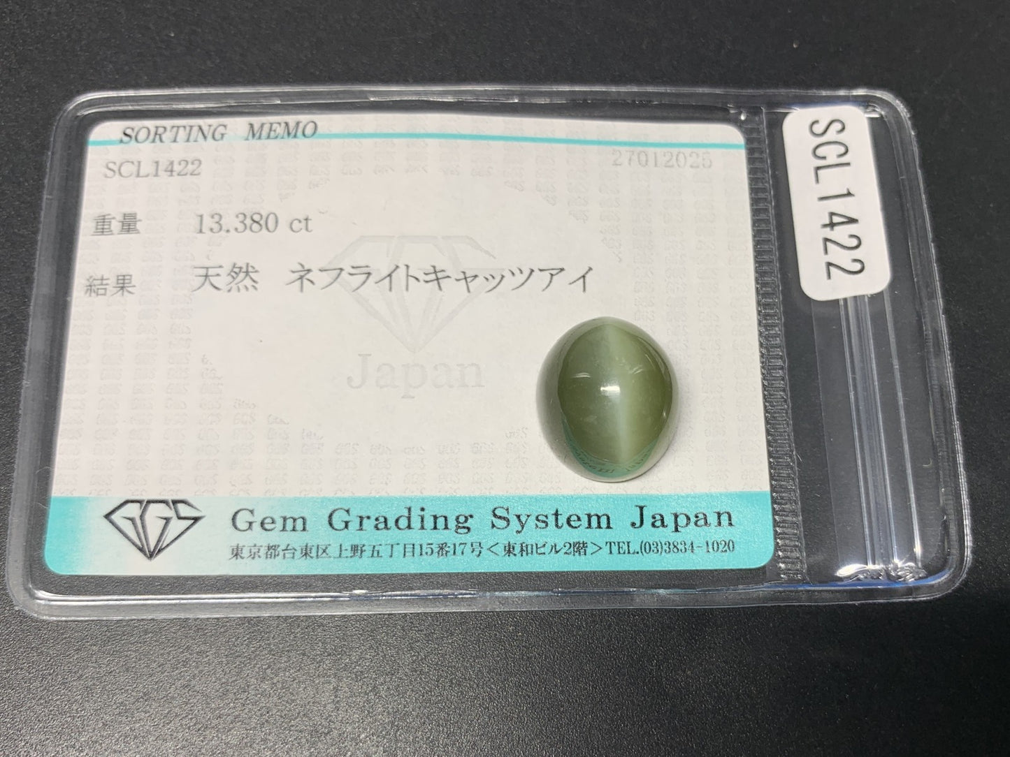 ネフライトキャッツアイ 13.380ct 宝石ソーティング付き 14.5㎜×12.5㎜×8.8㎜ ルース（ 裸石 ） 3868Y