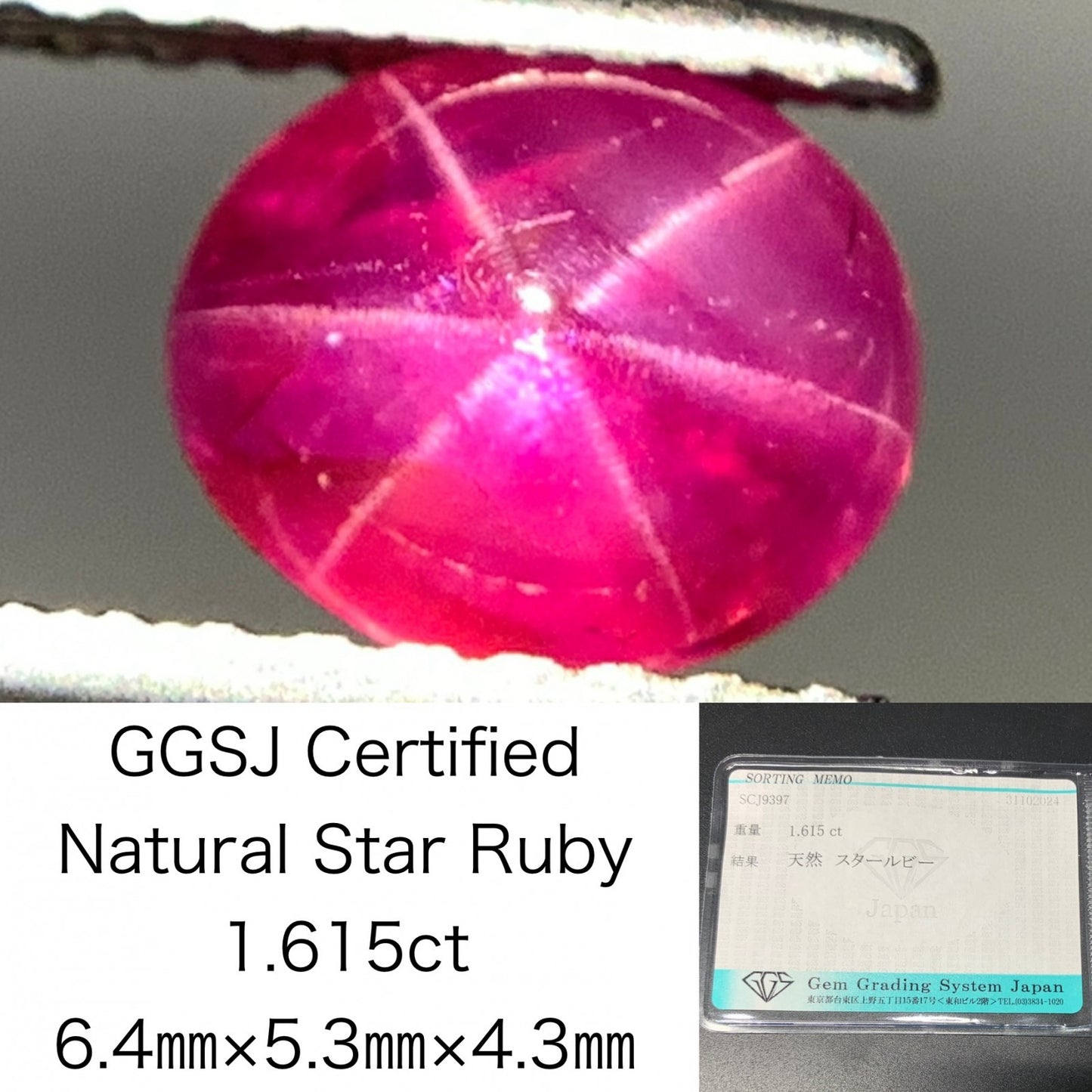 スタールビー 1.615ct 宝石ソーティング付き  6.4㎜×5.3㎜×4.3㎜  ルース（ 裸石 ） 3070Y