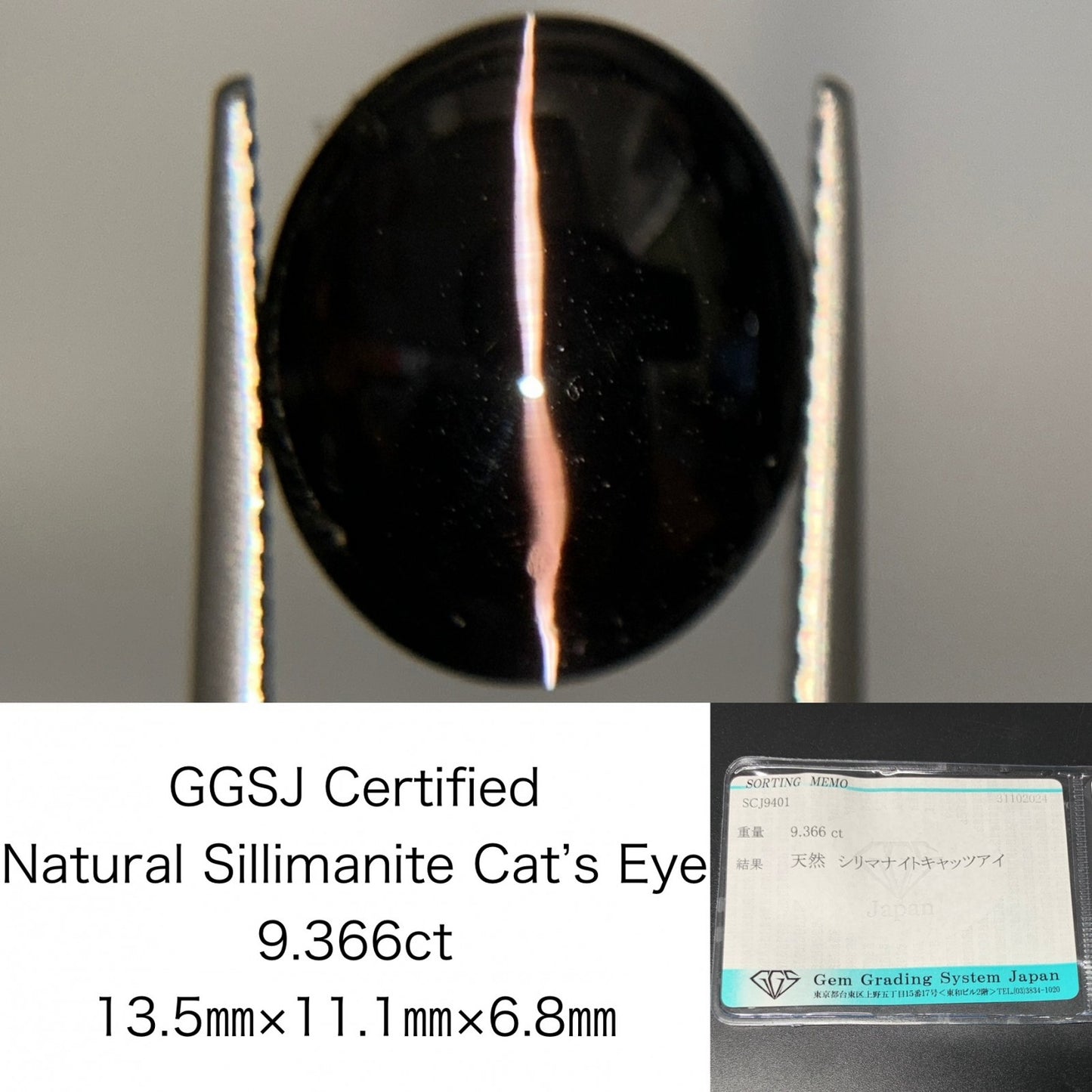 シリマナイトキャッツアイ 9.366ct 宝石ソーティング付き  13.5㎜×11.1㎜×6.8㎜  ルース（ 裸石 ） 3072Y