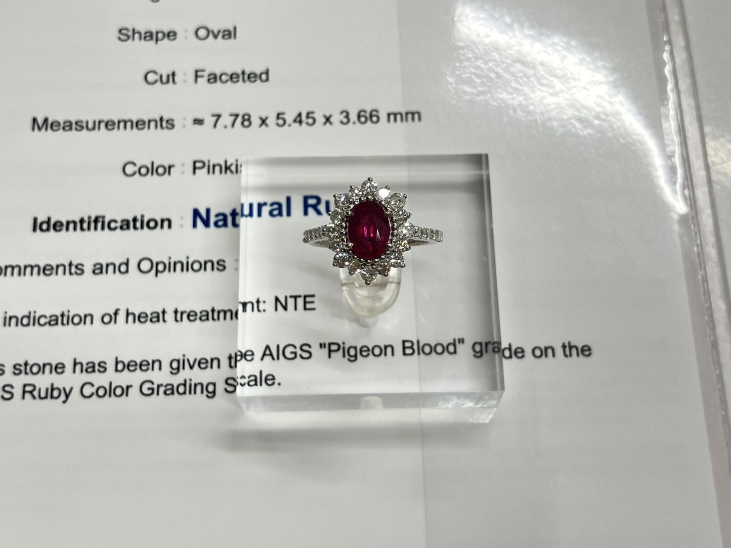 専用　ルビー 1.28ct ピジョンブラッド Pigeon blood 非加熱 NoHeat AIGS鑑別書 D0.68ct PT900 4.6g 指輪 （JP11号） サイズ直し無料 8584S
