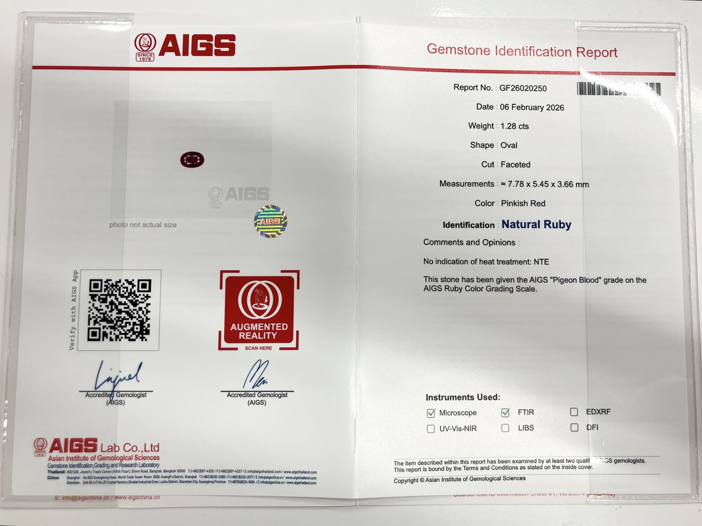 専用　ルビー 1.28ct ピジョンブラッド Pigeon blood 非加熱 NoHeat AIGS鑑別書 D0.68ct PT900 4.6g 指輪 （JP11号） サイズ直し無料 8584S